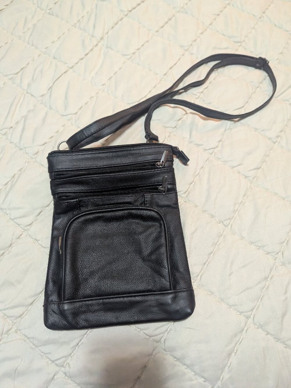 Black Leather Crossbody Bag with Multiple Zippers